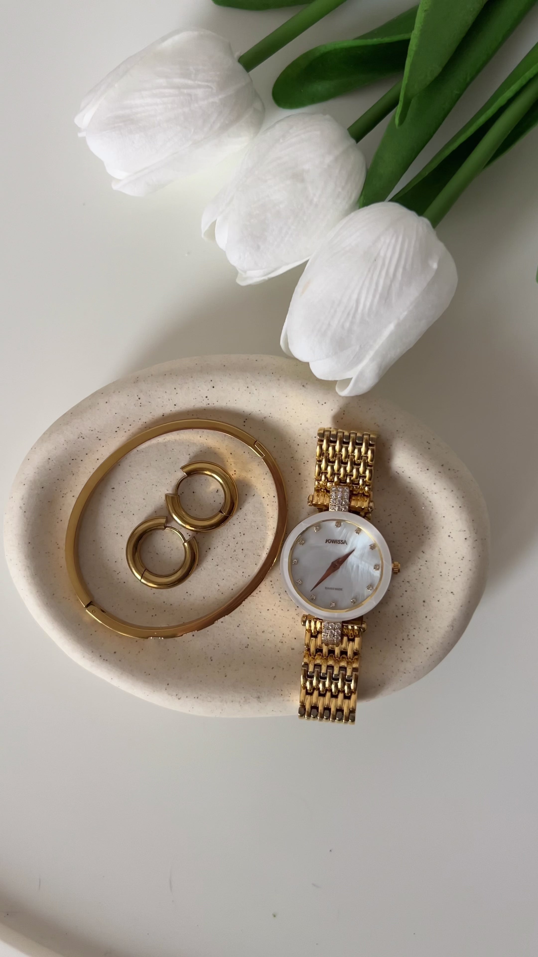 Gold swiss watch for women - with gold strap and white dial - all swiss made watch for ladies