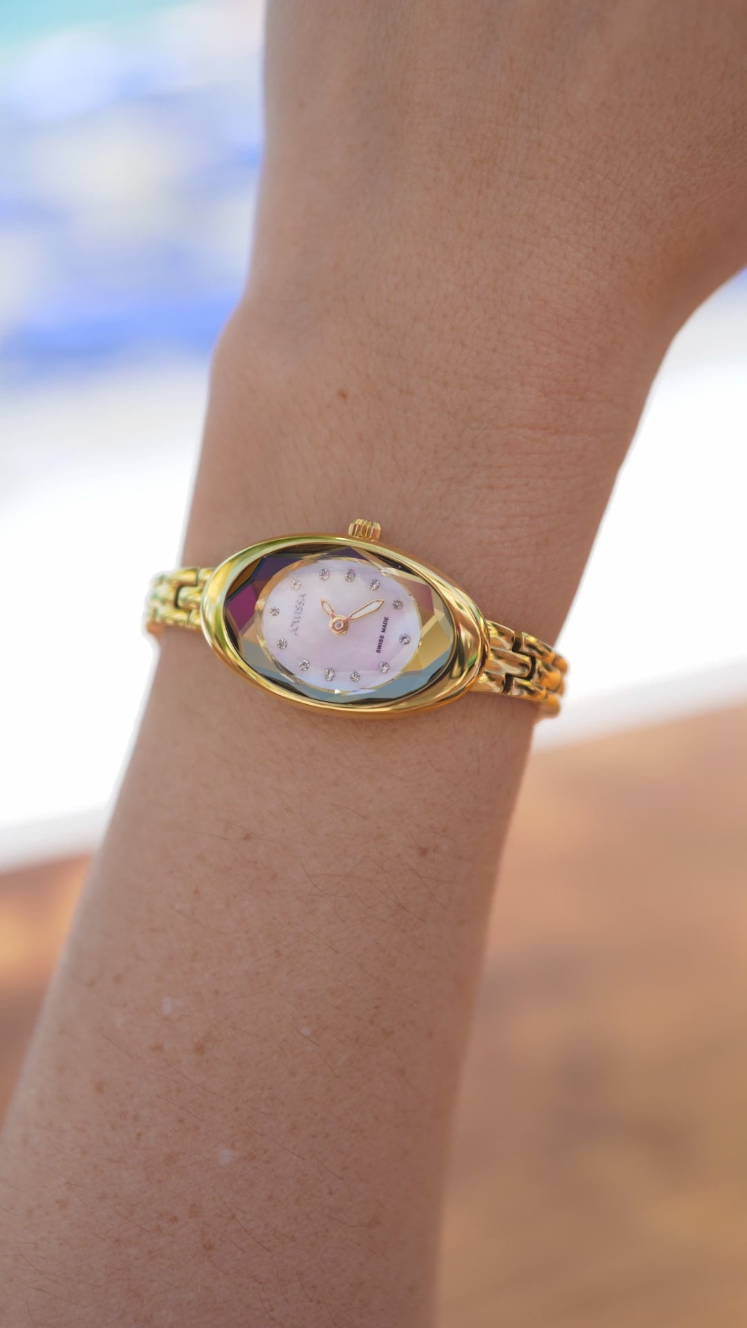 Swiss petite watch for women with gold strap and white dial - all swiss made watch for ladies