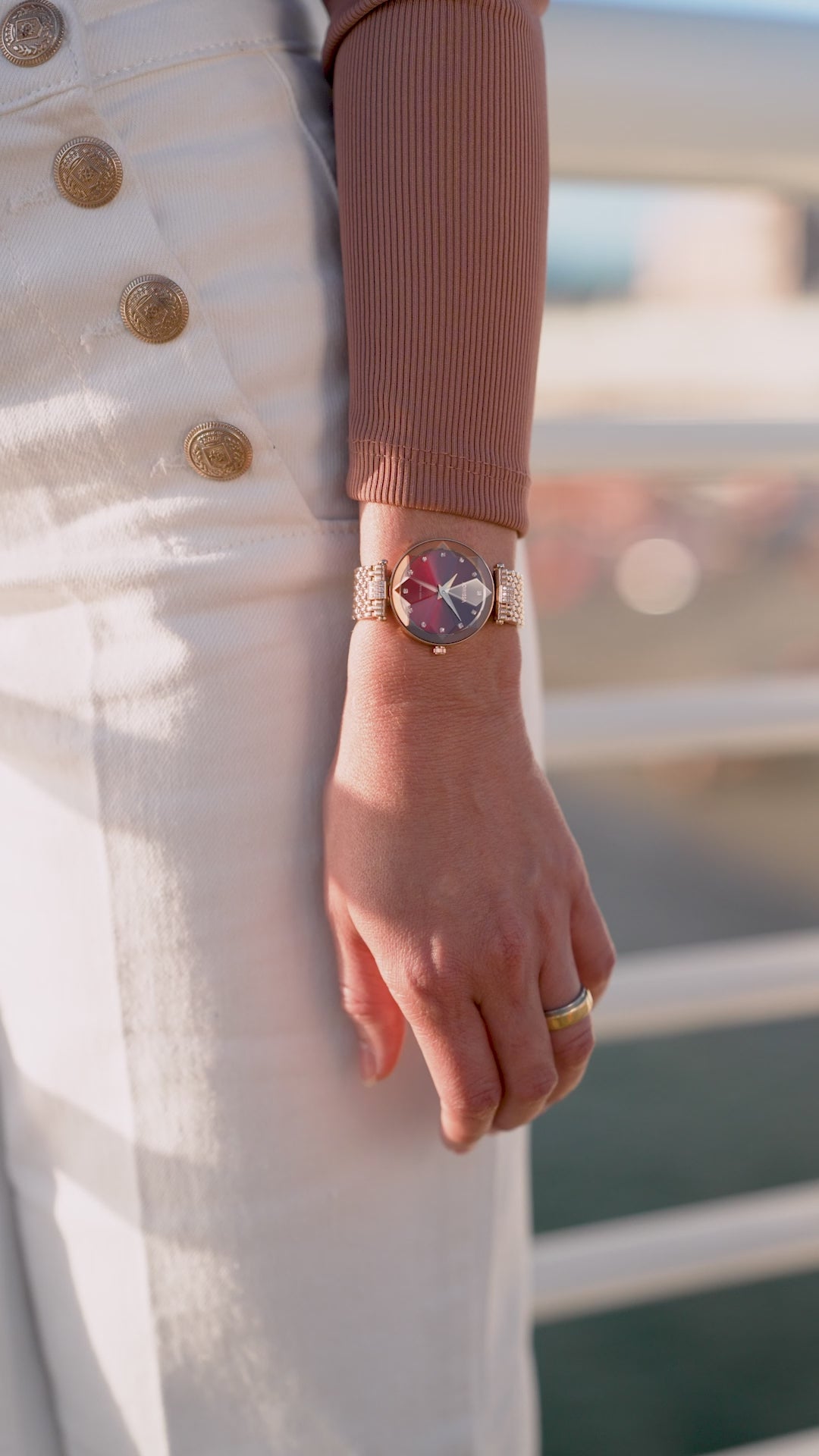 Red swiss watch for women with gold strap and red dial - all swiss made watch for ladies