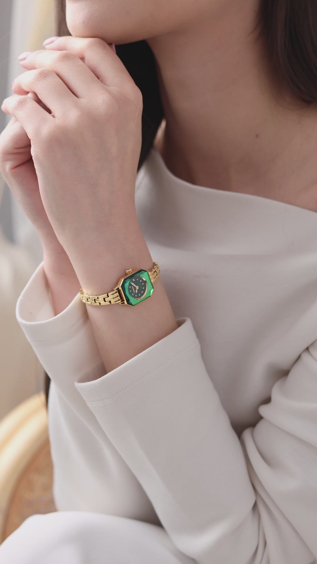 Gold and green swiss watch for women - with gold strap and gold dial - Swiss made watch for ladies