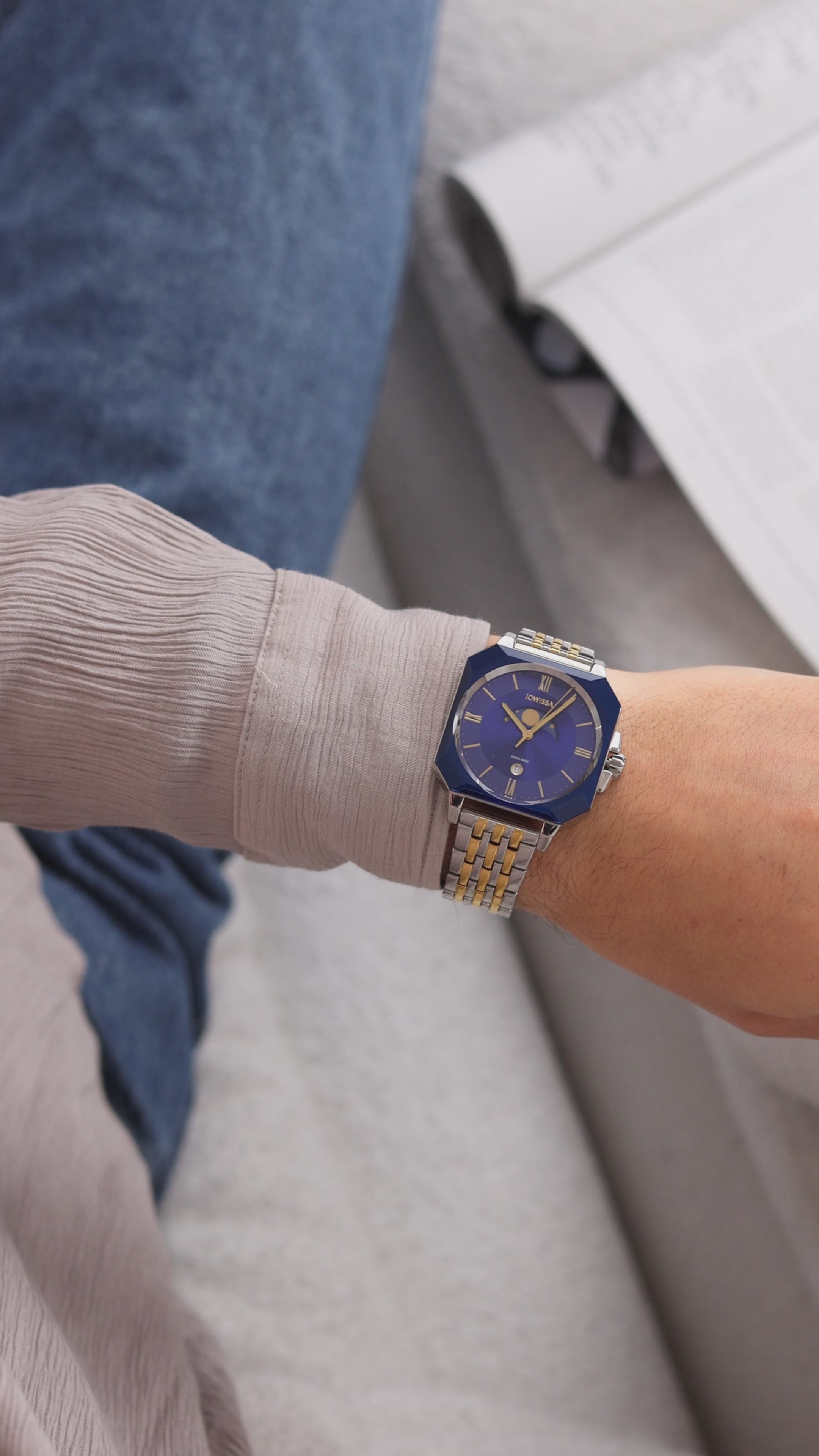 Blue swiss made watch for men with gold and silver strap and blue dial - all swiss made watch for men