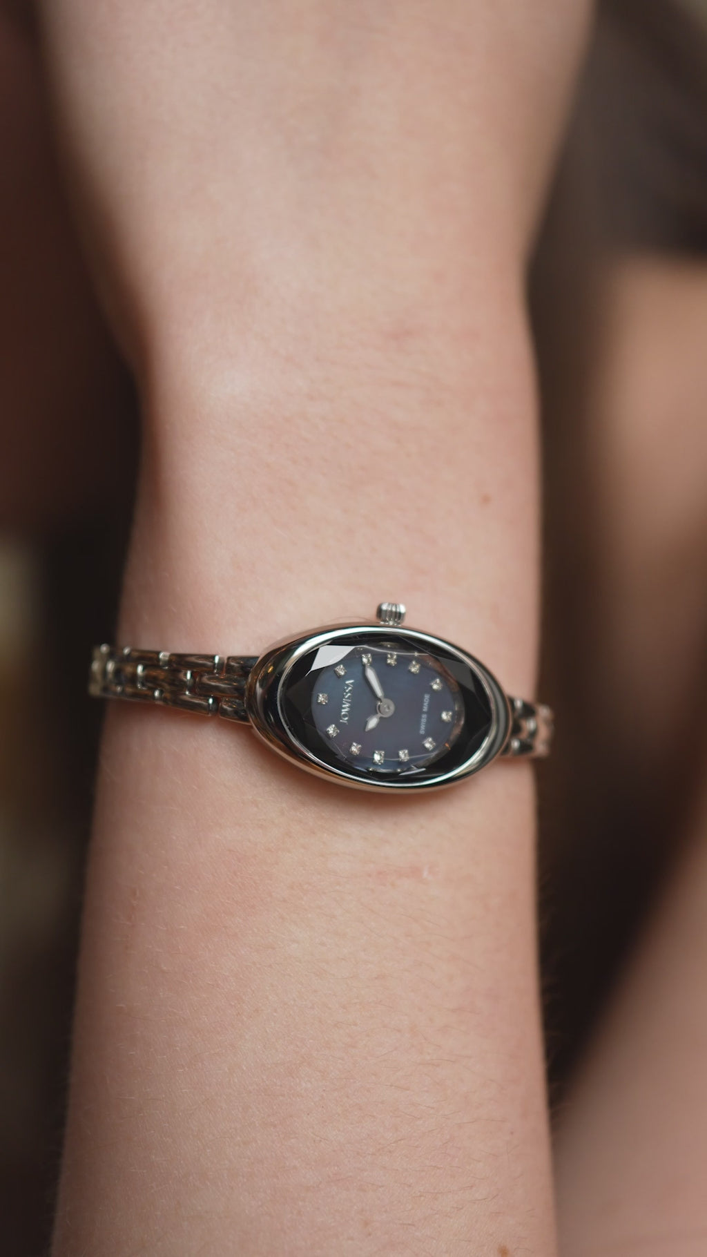 Swiss petite oval watch for women - silver watch for ladies with silver strap and dial - all swiss made