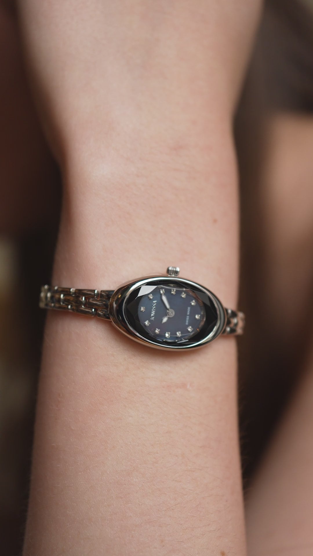 Swiss petite oval watch for women - silver watch for ladies with silver strap and dial - all swiss made
