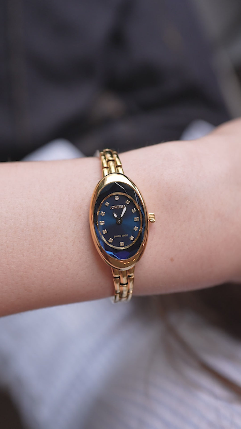 Gold petite watch for women - with gold strap and blue dial - all swiss made watch for ladies