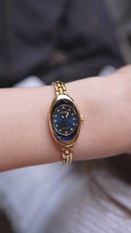 Gold petite watch for women - with gold strap and blue dial - all swiss made watch for ladies