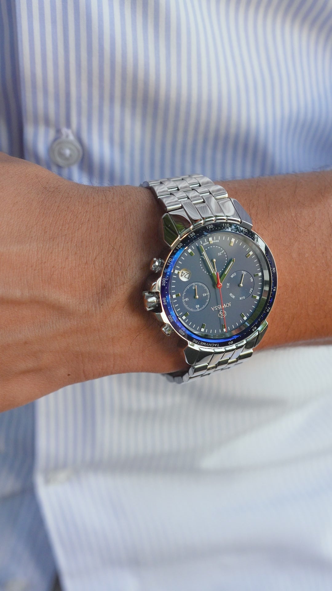 LeWy 9 Silver Blue Chronograph Watch Tachymeter Sapphire Dial