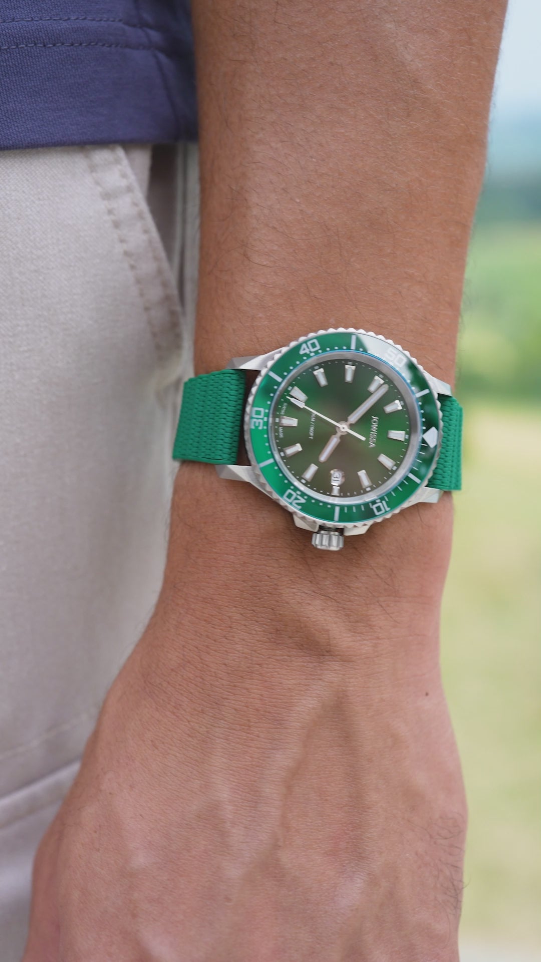 Seamon green watch for men with green strap and green dial with silver details - all swiss made watch 