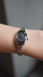 Swiss Oval petite watch for women - with silver strap and blue dial - all swiss made watch for women