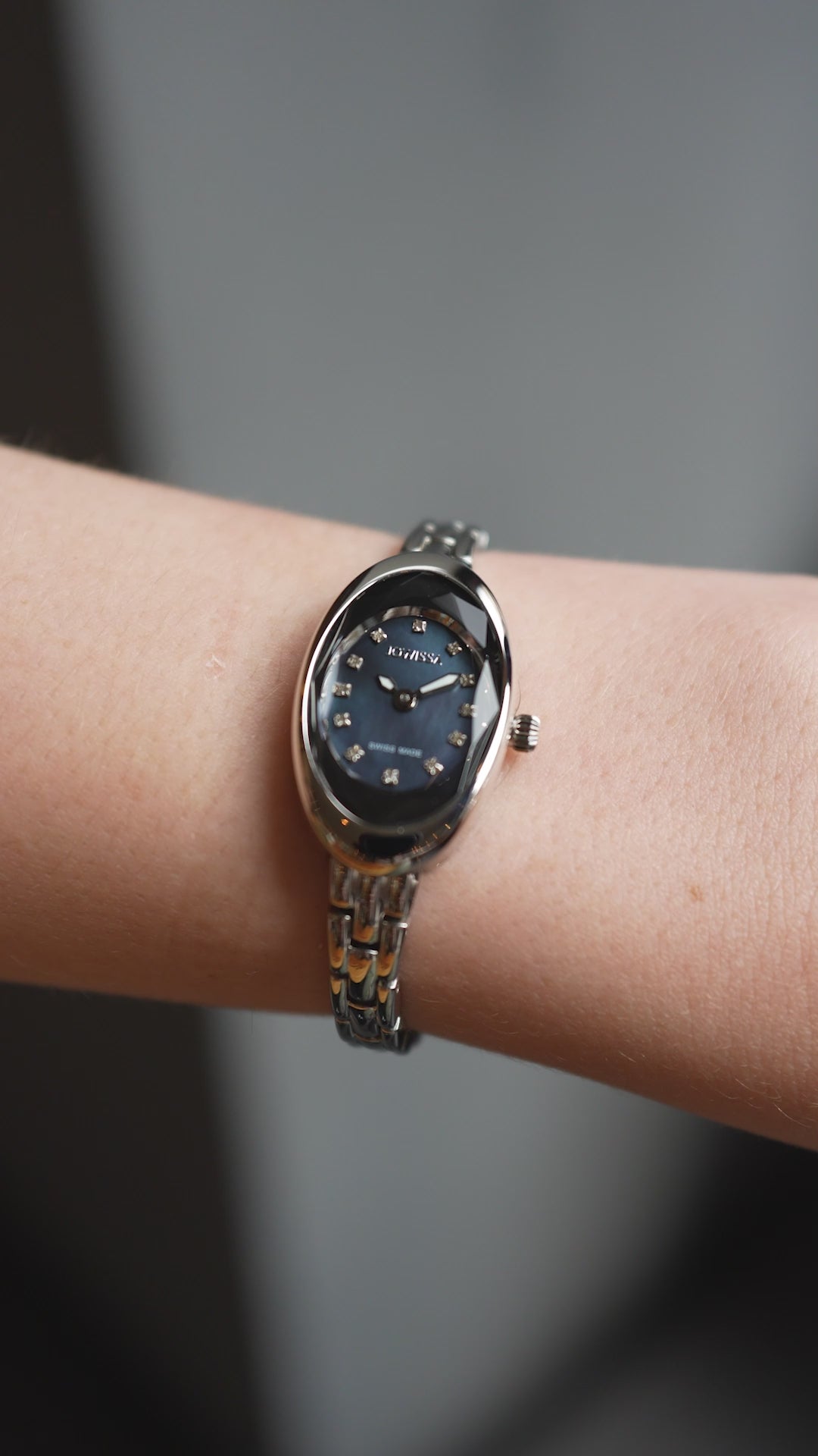 Swiss Oval petite watch for women - with silver strap and blue dial - all swiss made watch for women