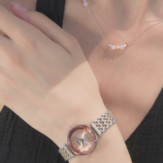 Swiss Crystal Jowissa Watch with silver and gold strap and pink dial - all swiss made watch for women