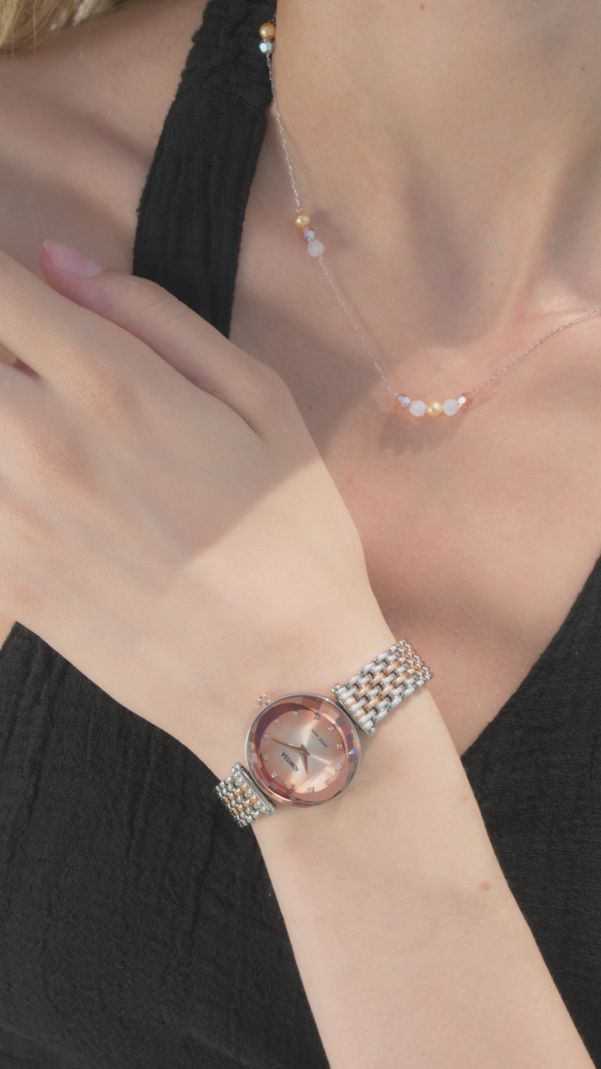 Swiss Crystal Jowissa Watch with silver and gold strap and pink dial - all swiss made watch for women