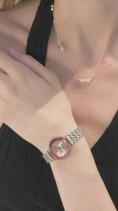 Swiss Crystal Jowissa Watch with silver and gold strap and pink dial - all swiss made watch for women