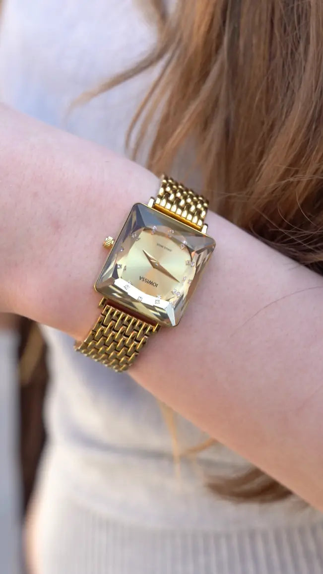 Facet Princess J8.095.M Jowissa Square Womens Watch with Golden Dial and Golden Bracelet Clip