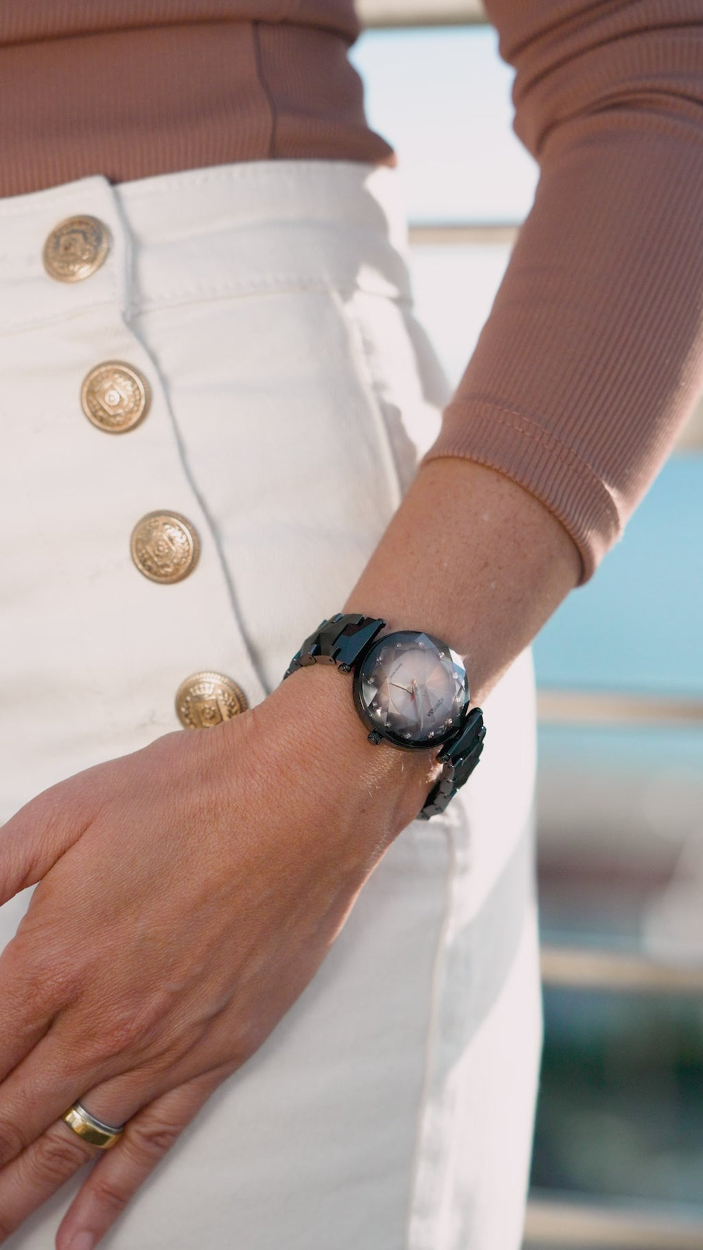 Swiss black sapphire watch for women with black strap and rose gold dial - all swiss made
