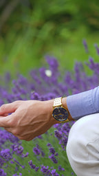 Swiss Magno blue watch for men - with gold strap and blue dial with moon and stars details - all swiss made watch