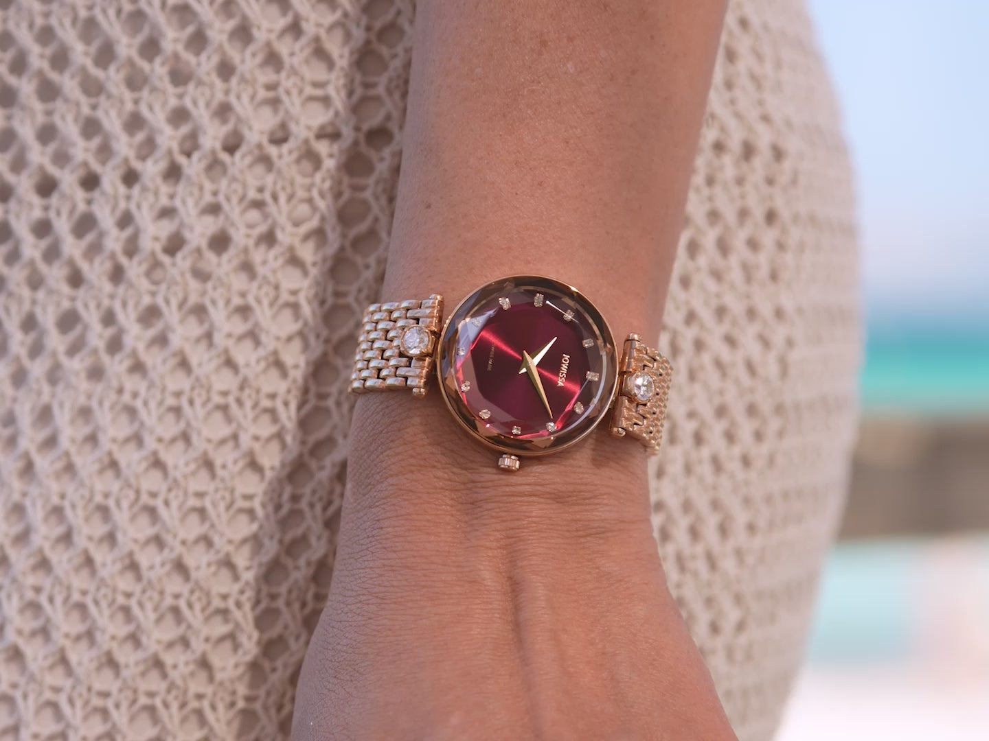 Swiss red watch for women with rose gold strap and bordeaux red dial - all swiss made watch for ladies by Jowissa