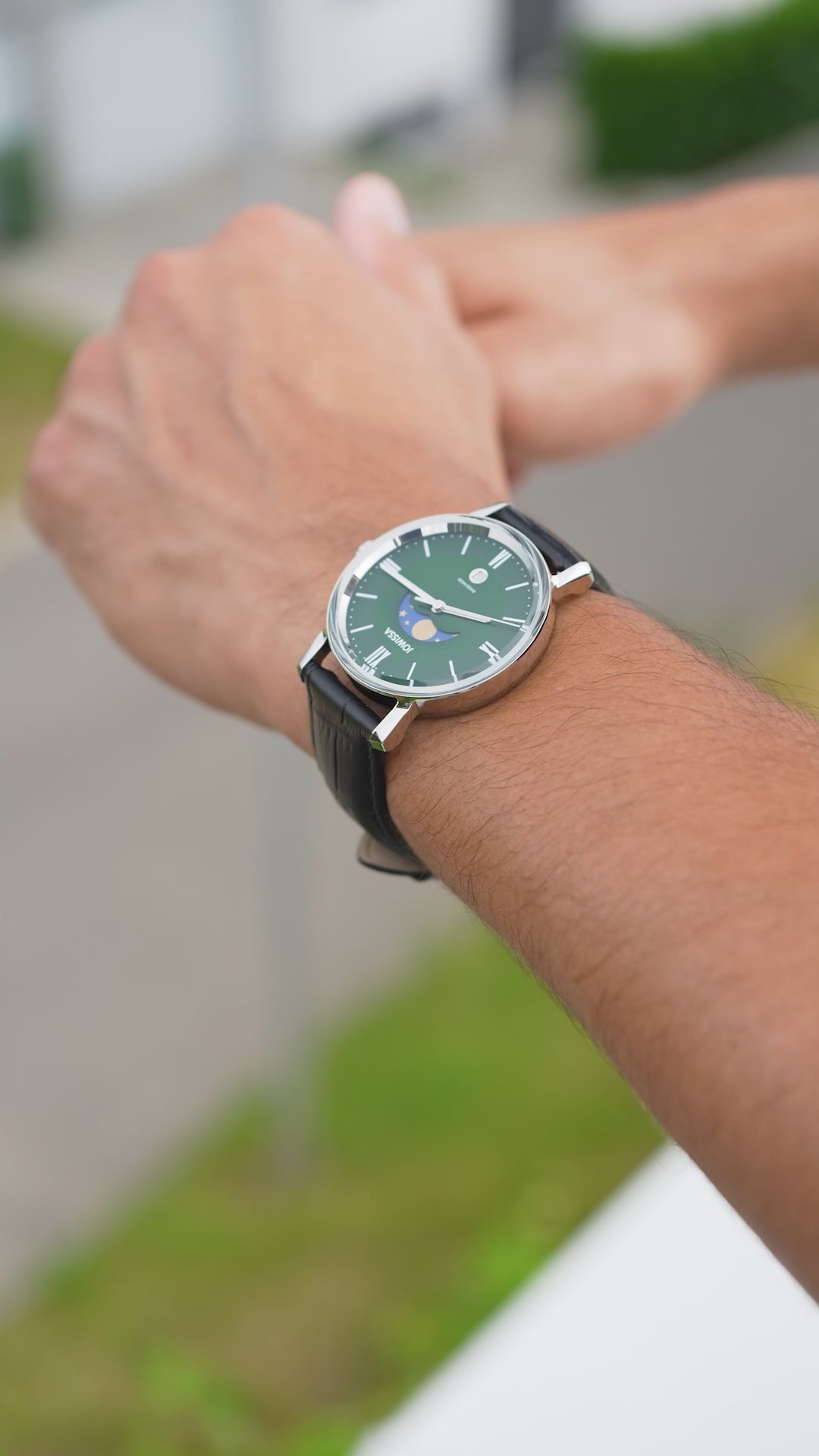 Magno swiss watch for men - with black leather strap and green dial - all swiss made watch 