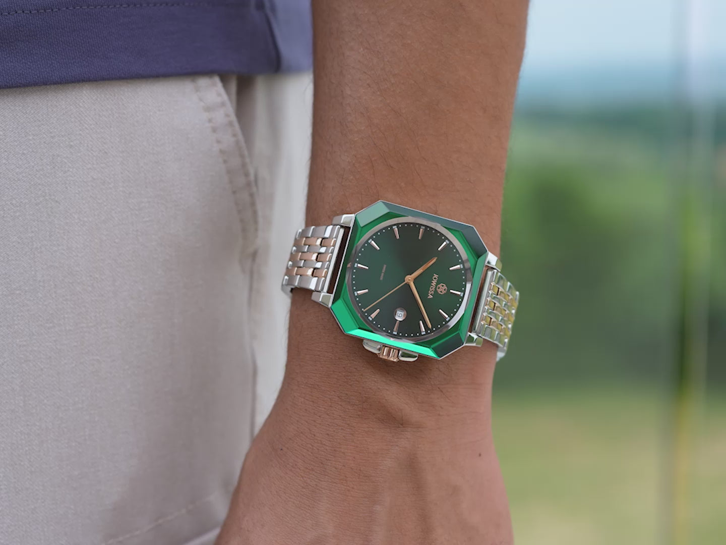 Swiss green dial watch for men with square case and silver rose gold strap all swiss made watch by Jowissa