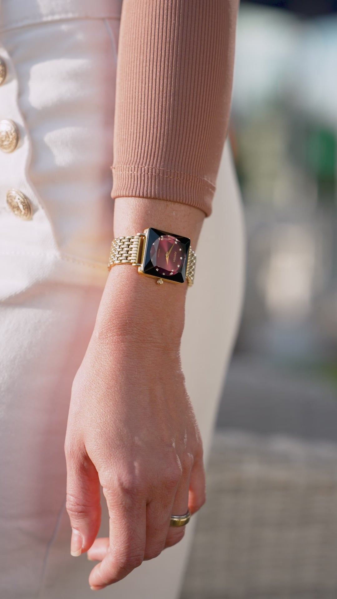 Swiss red watch for women with gold strap and red dial - all swiss made watch for ladies