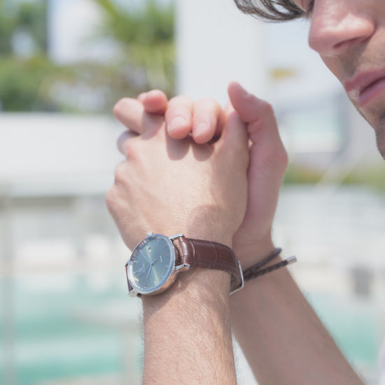 Swiss mens watch with brown leather strap and green dial - all swiss made watch for gentlemen