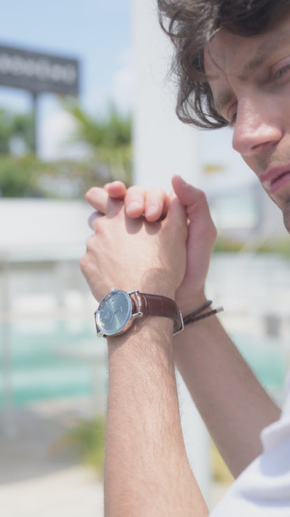 Swiss mens watch with brown leather strap and green dial - all swiss made watch for gentlemen