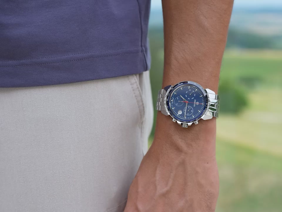Jowissa Swiss blue chronograph watch for men - with silver band and blue dial - all swiss made watch for men