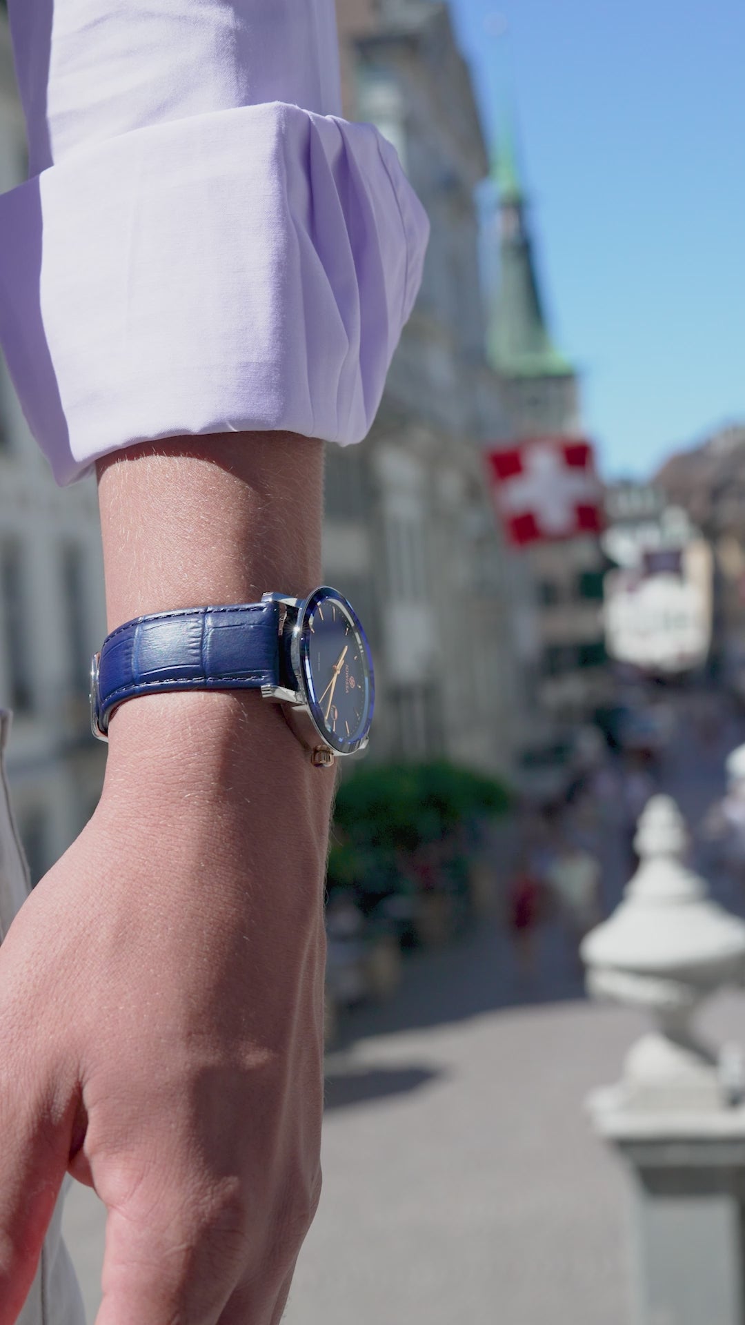 Swiss blue watch for men - with blue leather strap and blue dial - all swiss made watch for men
