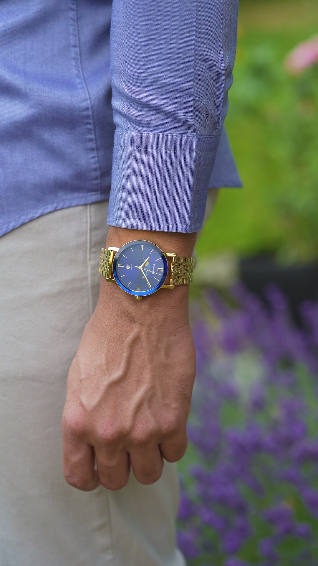 Magno swiss blue watch for men - with gold strap and blue dial - all swiss made watch for men