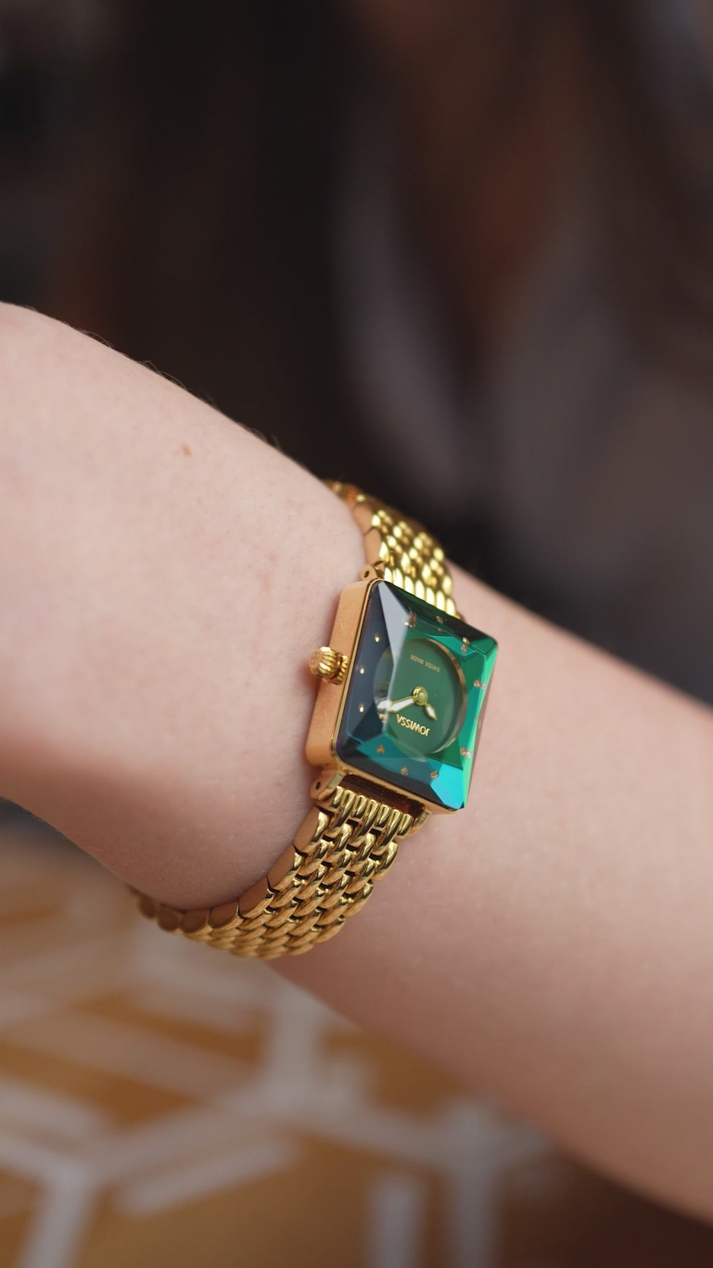 Gold and green swiss watch for women -  facet princess watch with gold strap and green dial - all swiss made