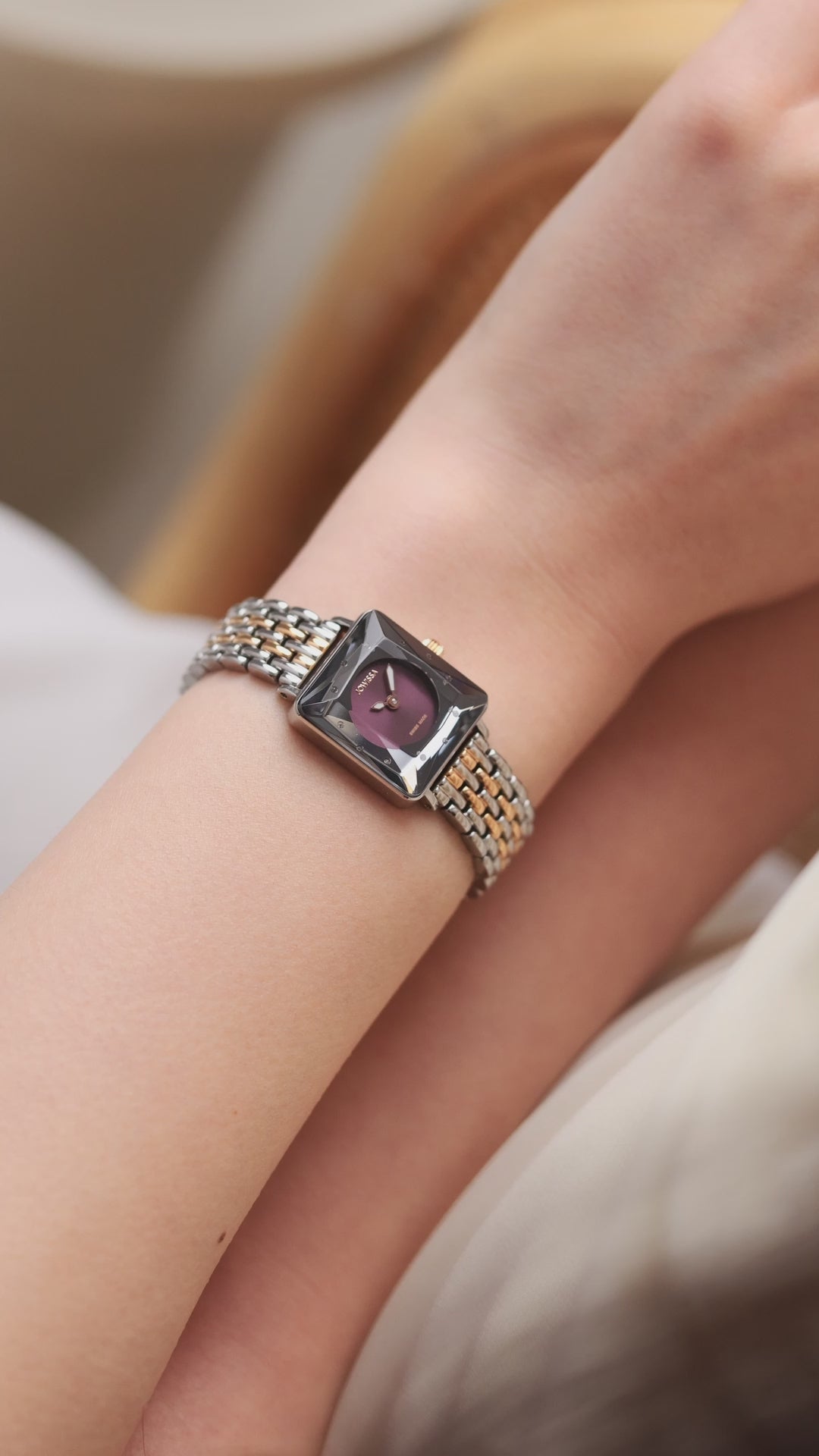 Swiss purple watch for women - with silver and gold strap and purple dial - all swiss made watch for ladies
