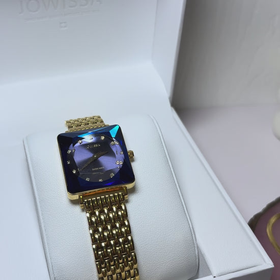 Swiss Facet Watch for Women - with gold strap and blue dial - all swiss made watch for ladies