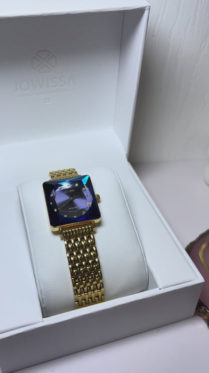 Swiss Facet Watch for Women - with gold strap and blue dial - all swiss made watch for ladies