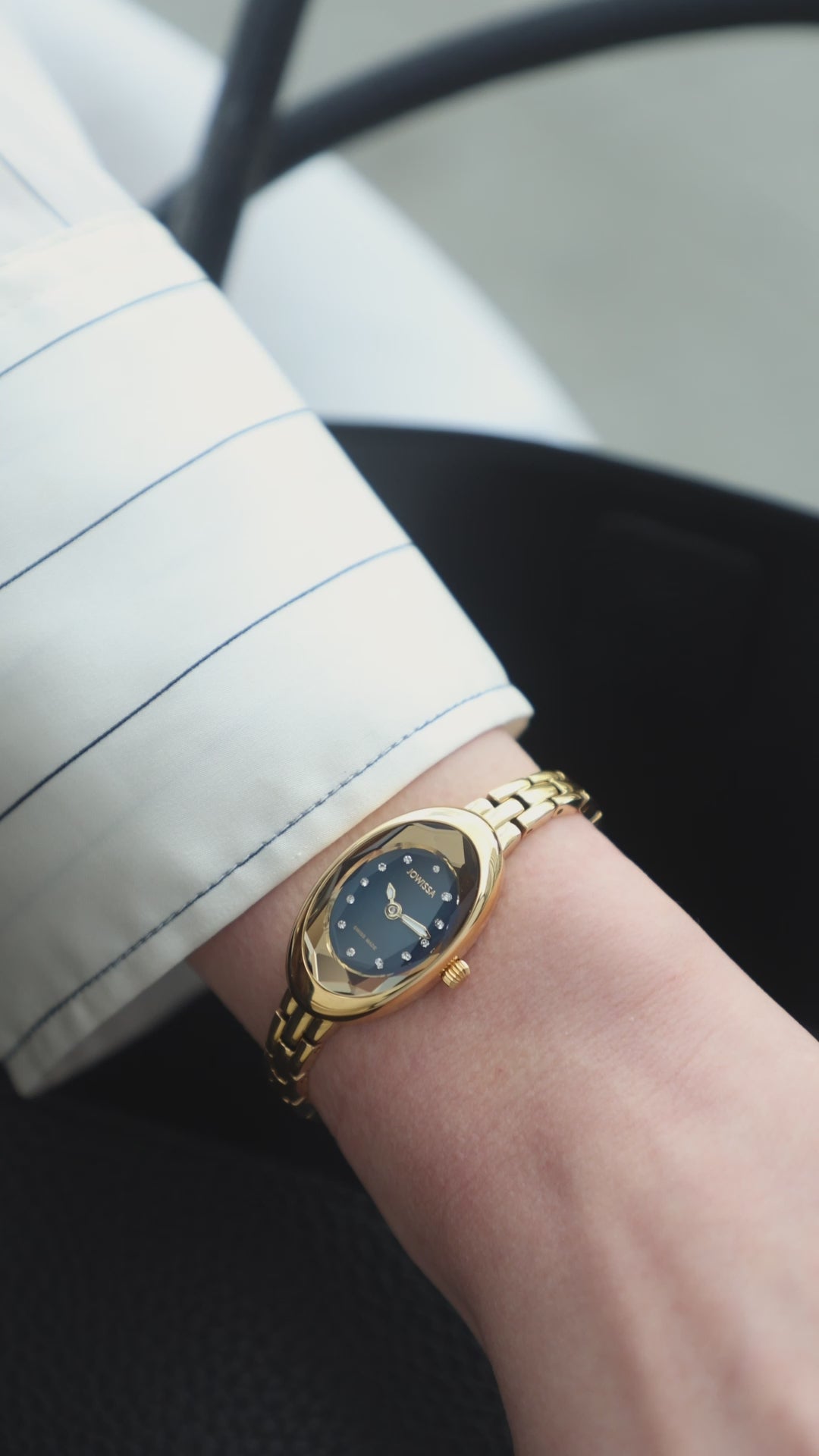 Gold blue swiss watch for women - with gold strap and blue dial - all swiss made watch for ladies