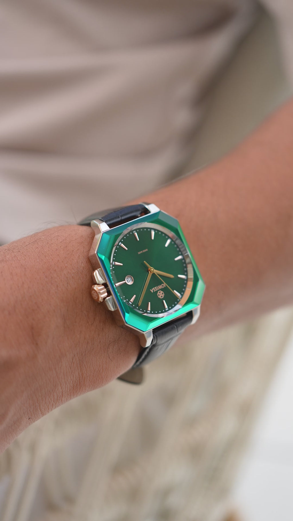 Octa green watch for men - with black leather strap and green dial - all swiss made watch 