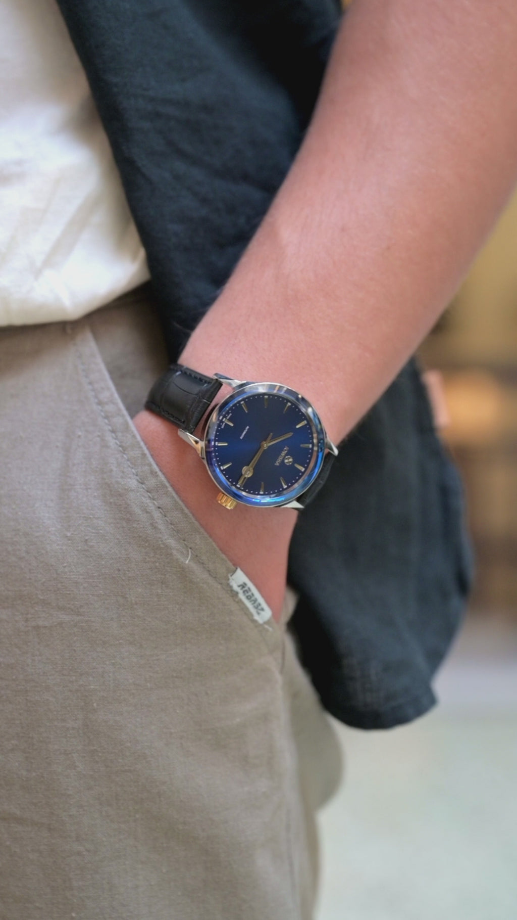 Swiss watch for men with black leather strap and blue dial - all swiss made watch