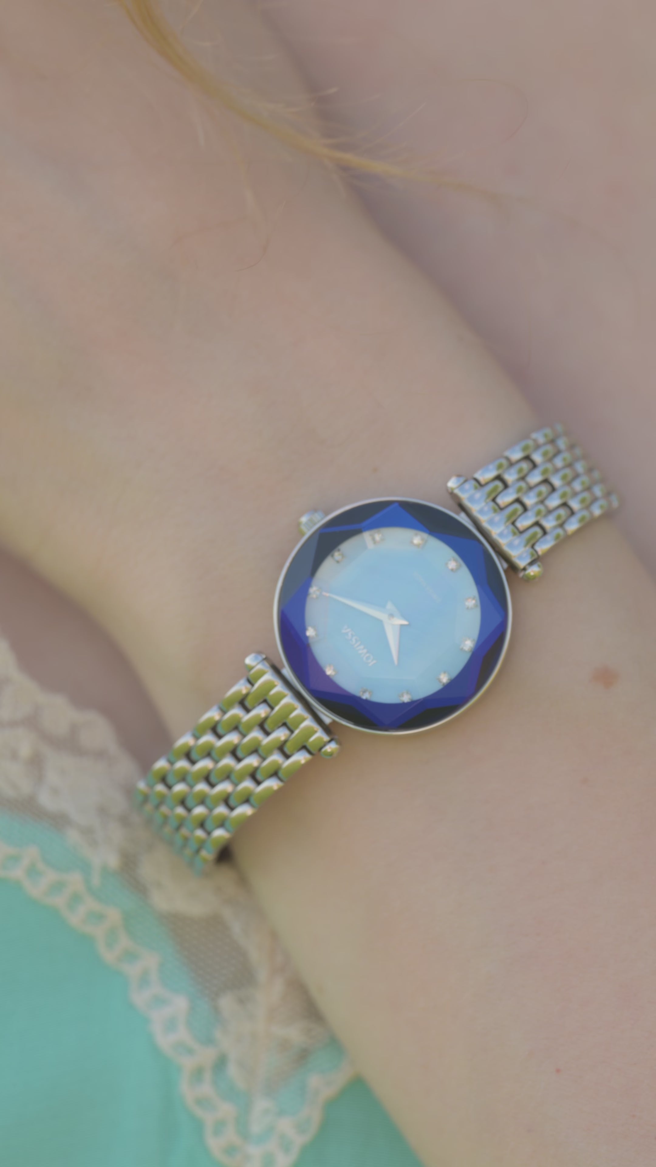 Swiss Womens watch with silver strap and blue dial - all swiss made watch