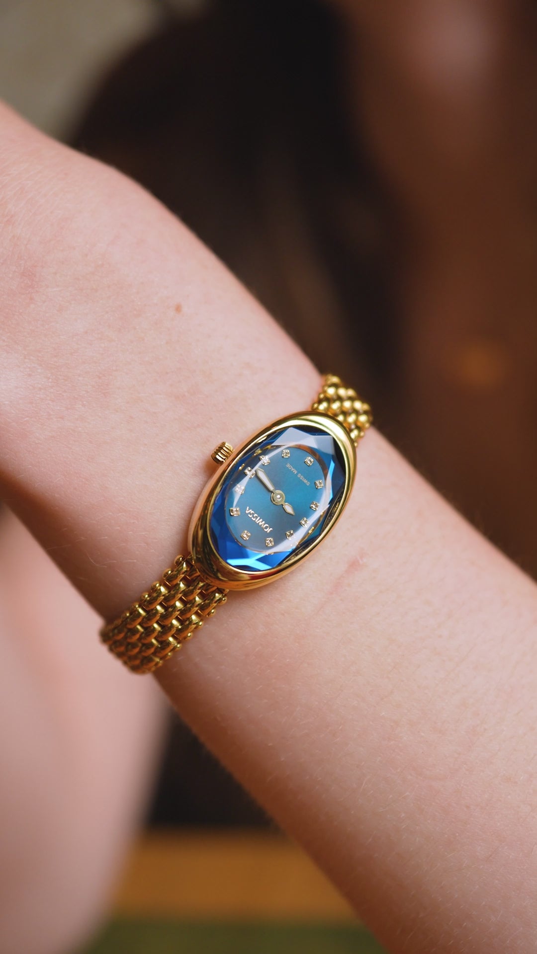Gold swiss watch for women - with gold strap and blue dial - all swiss made watch for ladies