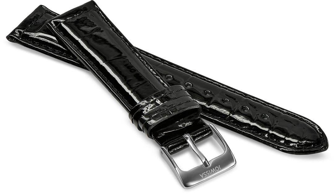 Front View of 18mm black Glossy Croco Watch Strap E3.1445.L by Jowissa