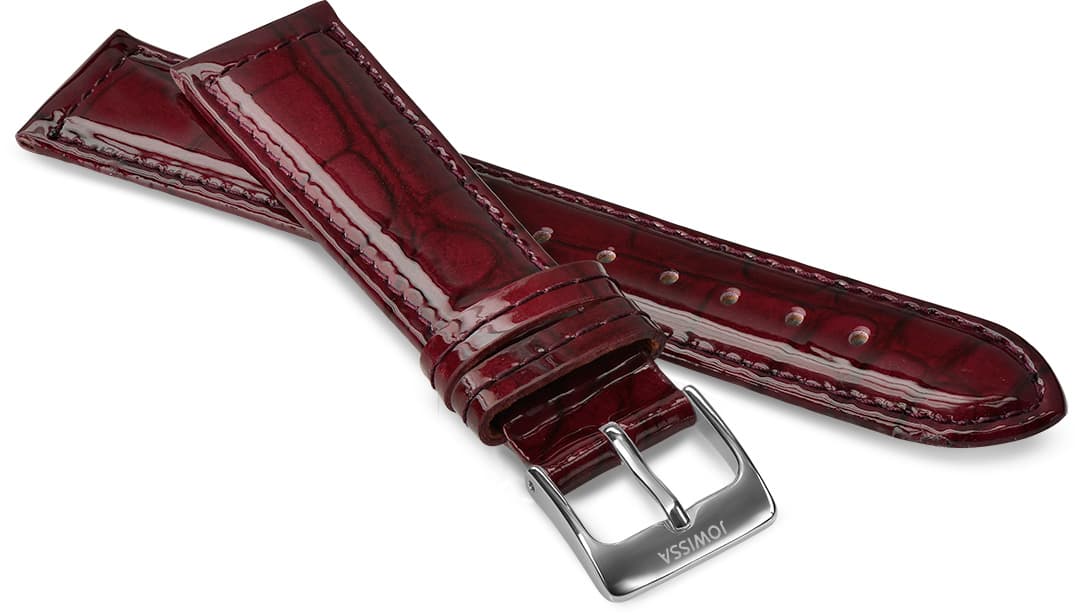 Front View of 18mm Bordeaux / Silver Glossy Croco Watch Strap E3.1460.L by Jowissa