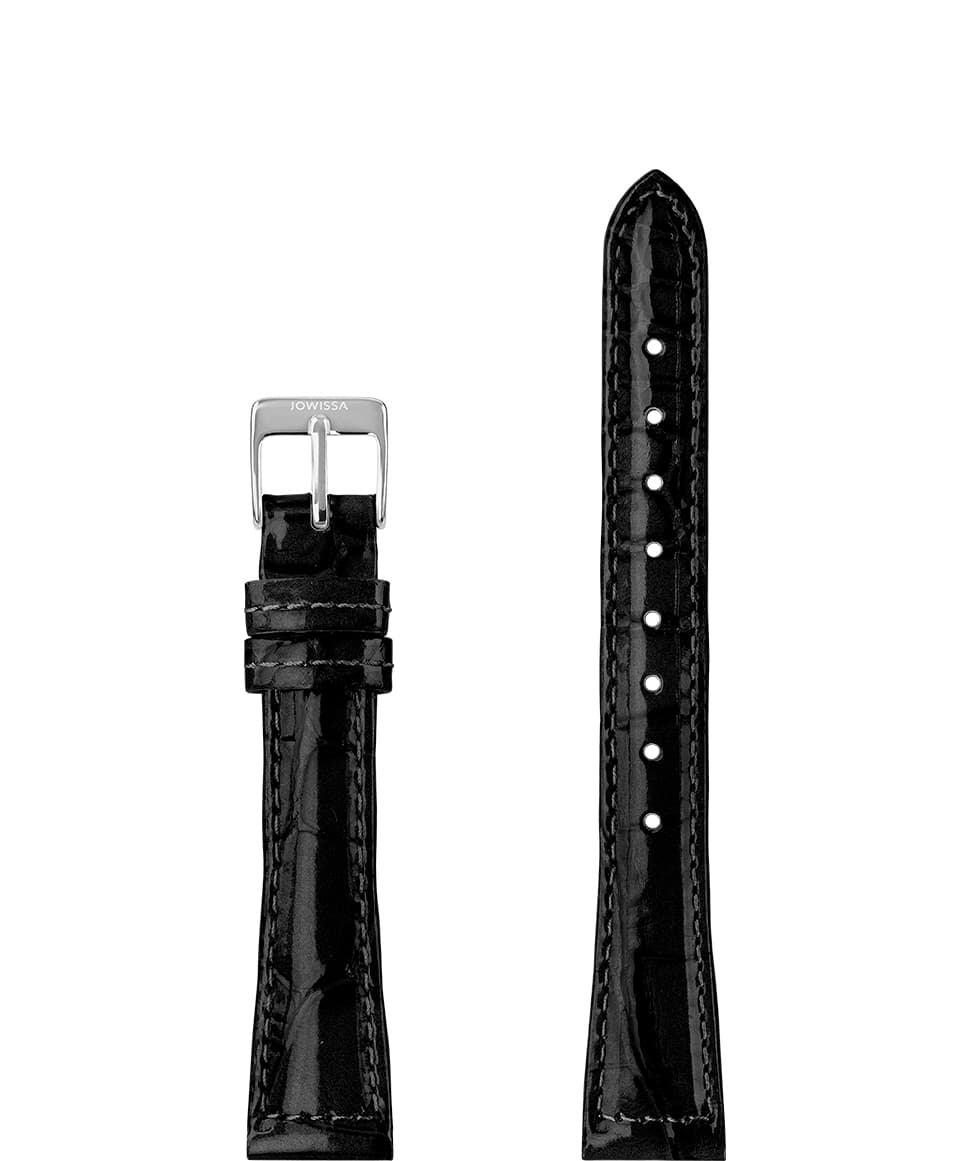 Front View of 15mm black Glossy Croco Watch Strap E3.1445.M by Jowissa