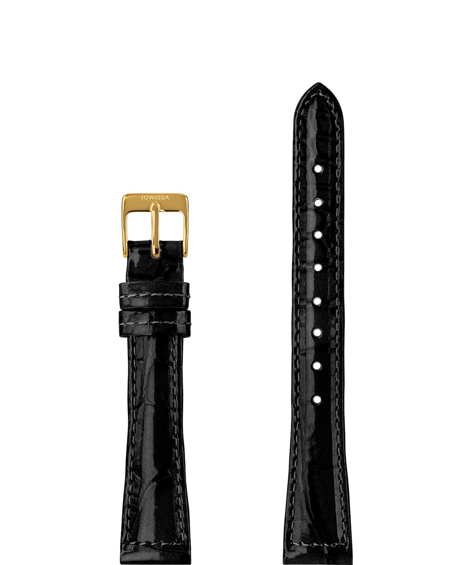 Front View of 15mm Black / Gold Glossy Croco Watch Strap E3.1439.M by Jowissa