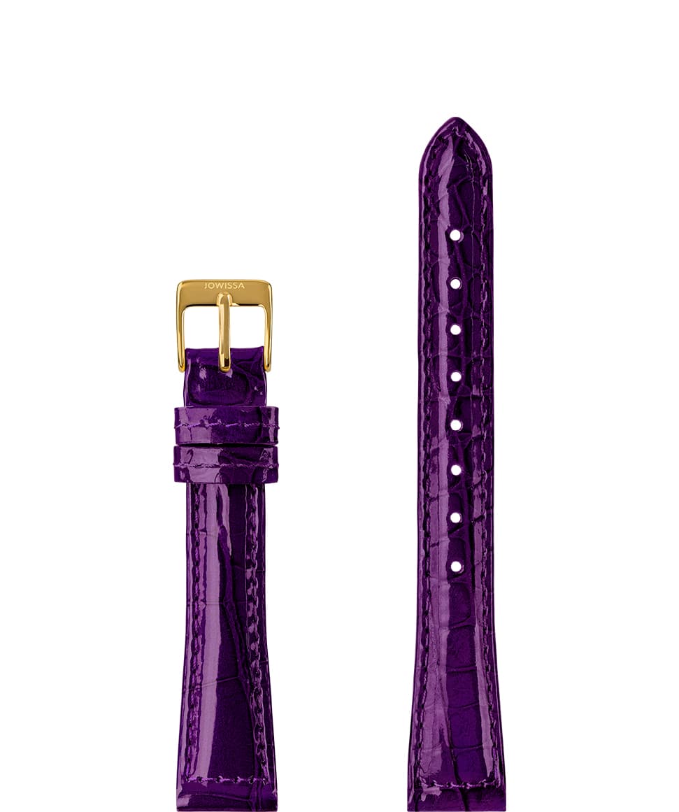 Front View of 15mm Purple / Gold Glossy Croco Watch Strap E3.1472.M by Jowissa