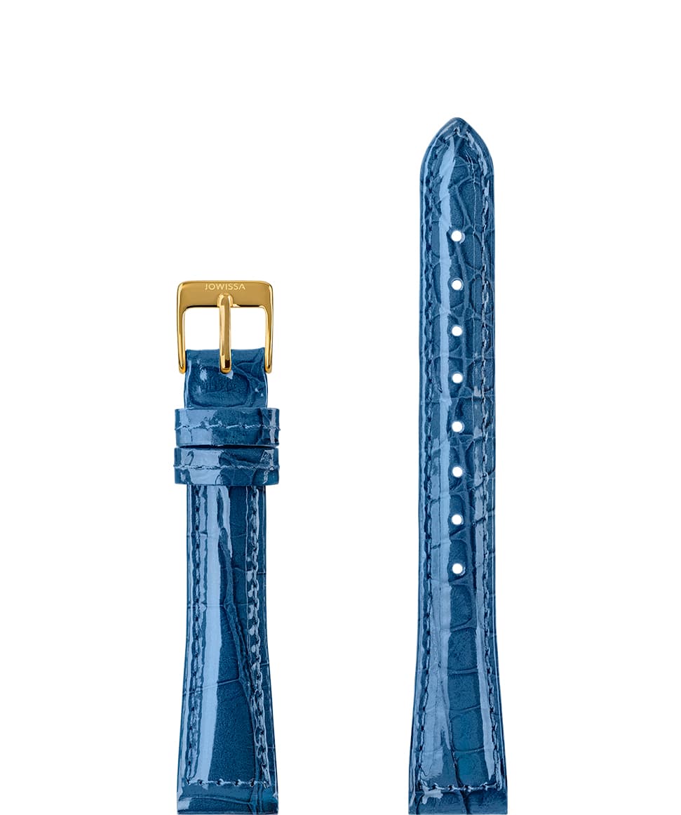 Front View of 15mm Blue / Gold Glossy Croco Watch Strap E3.1447.M by Jowissa