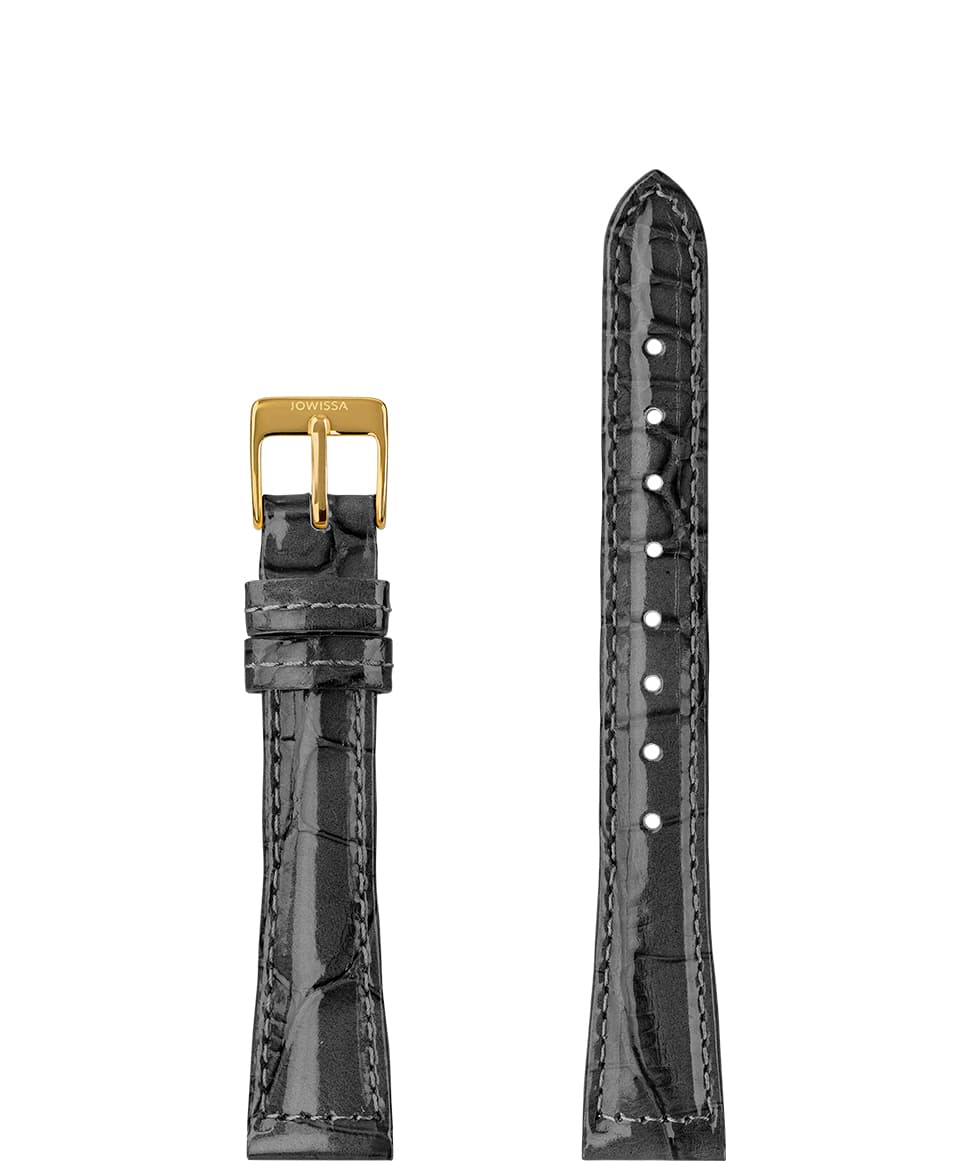 Front View of 15mm Grey / Gold Glossy Croco Watch Strap E3.1468.M by Jowissa