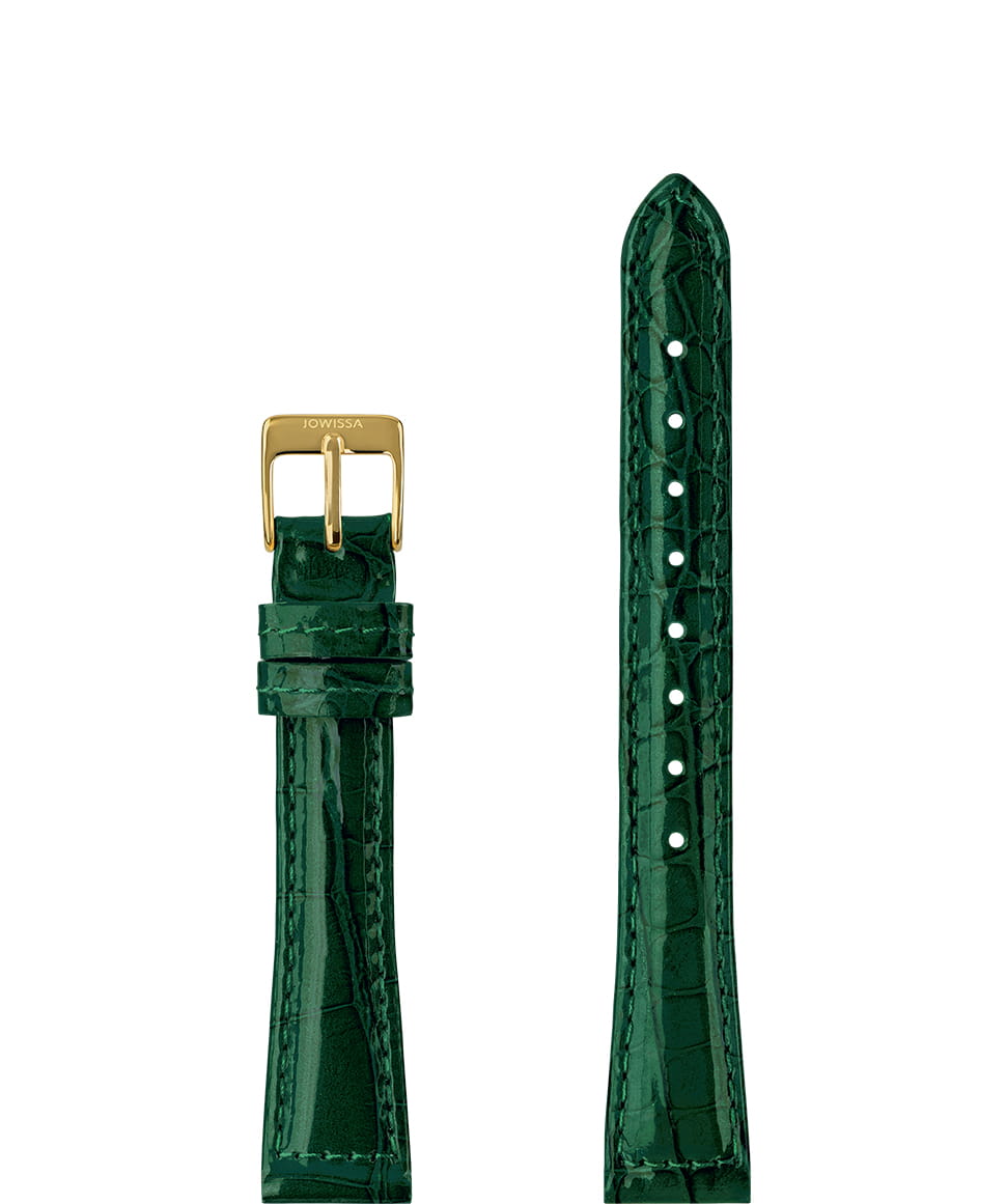 Front View of 15mm Green / Gold Glossy Croco Watch Strap E3.1466.M by Jowissa