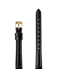 Load image into Gallery viewer, Front View of 12mm Black / Gold Glossy Croco Watch Strap E3.1439.S by Jowissa
