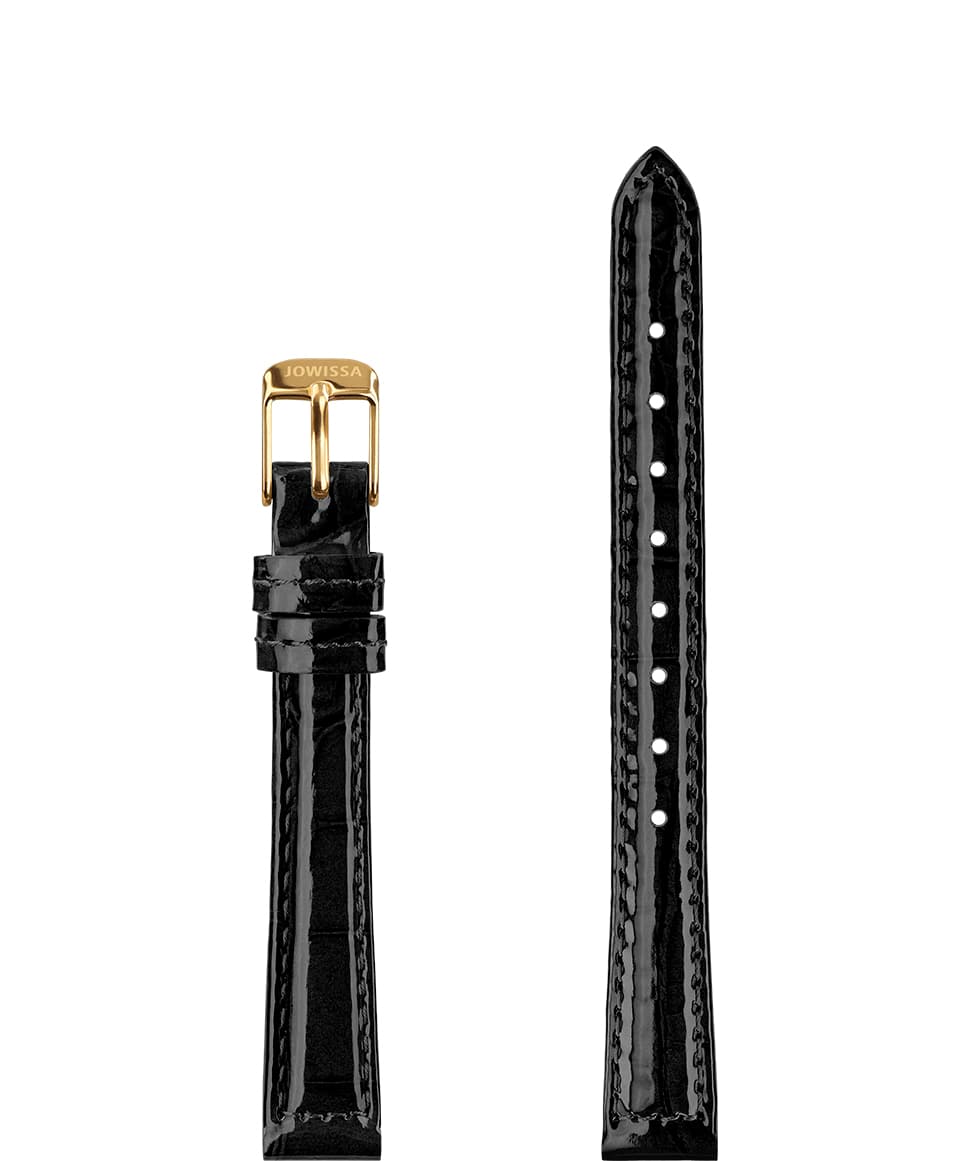 Front View of 12mm Black / Gold Glossy Croco Watch Strap E3.1439.S by Jowissa