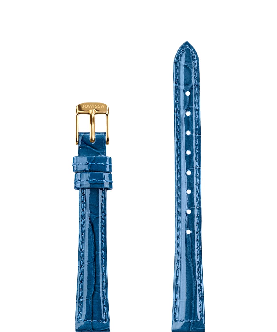 Front View of 12mm Blue / Gold Glossy Croco Watch Strap E3.1447.S by Jowissa